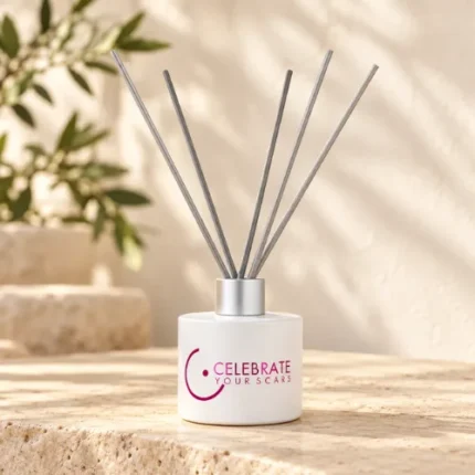 Diffuser Celebrate Your Scars σε λευκό μπουκάλι με ροζ λογότυπο, ασημί καπάκι και γκρι στικ.