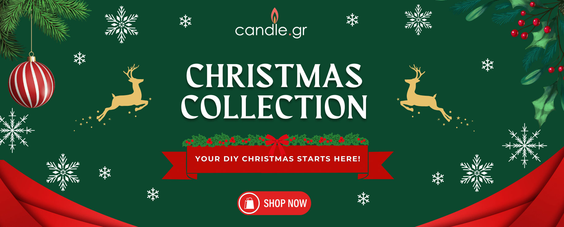 Χριστουγεννιάτικη συλλογή Candle.gr – πράσινο banner με δώρα, έλατα, στολίδια και χρυσά ελαφάκια. Υλικά για κεριά, καλούπια και αρώματα για DIY Χριστούγεννα.
