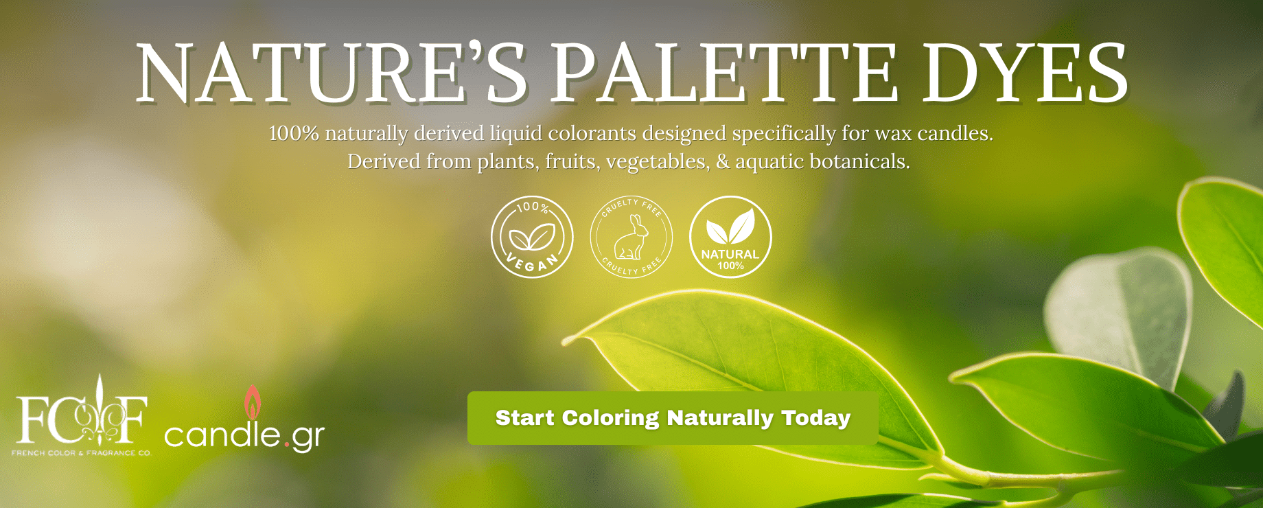 Διαφημιστικό banner της σειράς Nature’s Palette Dyes με φόντο πράσινα φύλλα, εικονίδια φυσικού προϊόντος και κουμπί που γράφει «Ξεκίνα να χρωματίζεις φυσικά σήμερα».