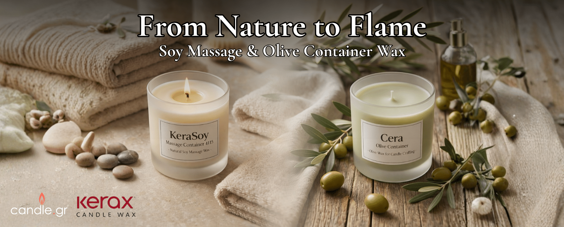 Φυσικά κεριά μασάζ KeraSoy και κεριά ελιάς Cera σε γυάλινα βάζα από το candle.gr.