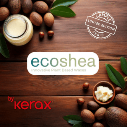 Βάζο με κερί από έλαιο καριτέ και καρποί shea σε ξύλινη επιφάνεια με το λογότυπο EcoShea στο κέντρο