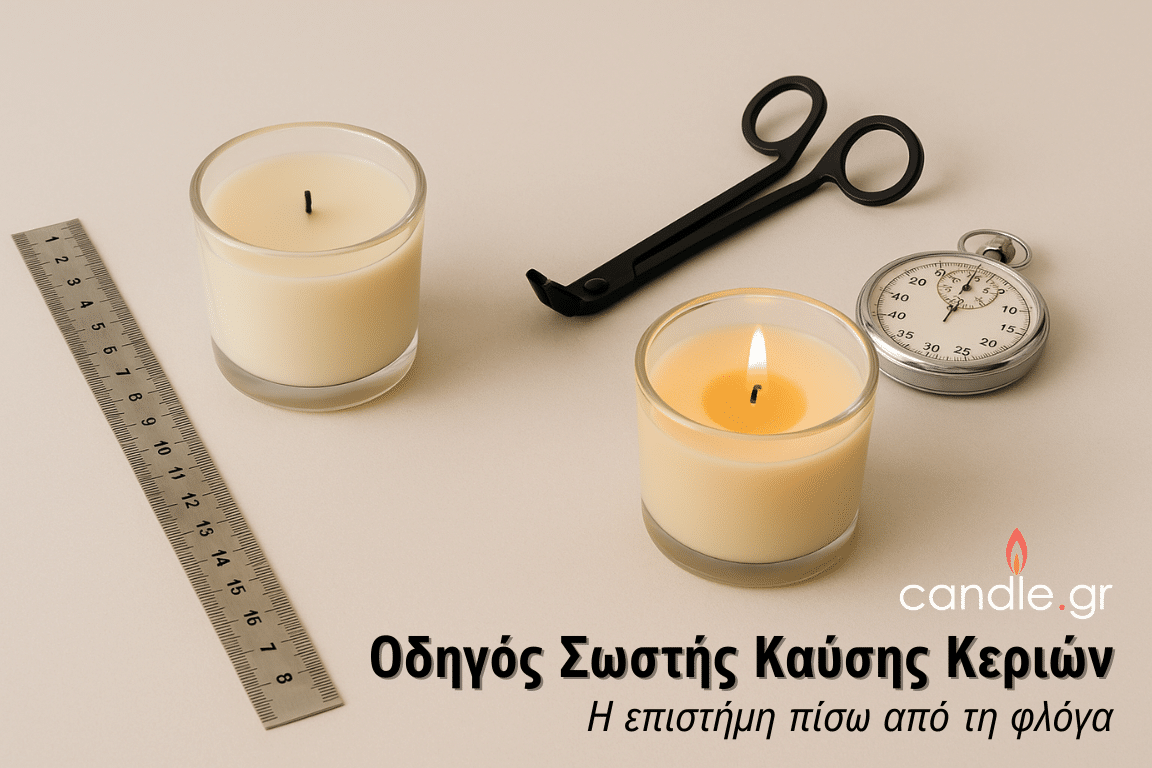 πάγκος εργασίας για χειροποίητα κεριά με δύο γυάλινα δοχεία, το ένα με αναμμένο κερί και το άλλο άκαυστο, δίπλα σε ψαλίδι για φυτίλια, χάρακα και χρονομετρητή